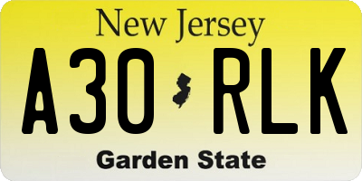 NJ license plate A30RLK