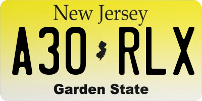 NJ license plate A30RLX