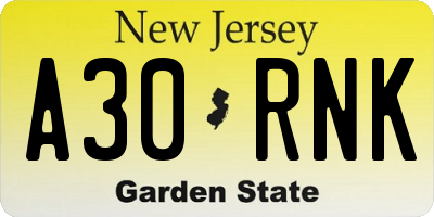 NJ license plate A30RNK
