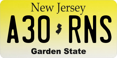 NJ license plate A30RNS