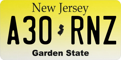 NJ license plate A30RNZ