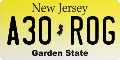 NJ license plate A30ROG