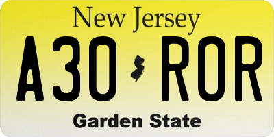 NJ license plate A30ROR