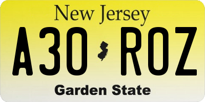 NJ license plate A30ROZ