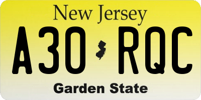 NJ license plate A30RQC