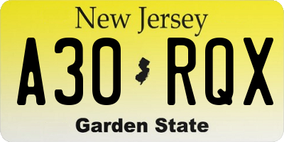NJ license plate A30RQX