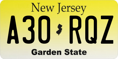 NJ license plate A30RQZ