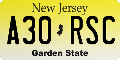 NJ license plate A30RSC