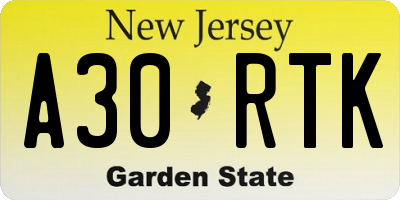 NJ license plate A30RTK