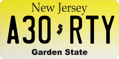 NJ license plate A30RTY