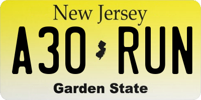 NJ license plate A30RUN