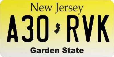 NJ license plate A30RVK