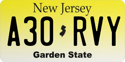 NJ license plate A30RVY