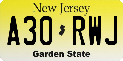 NJ license plate A30RWJ