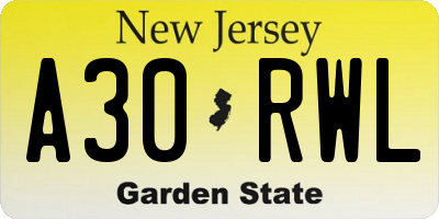 NJ license plate A30RWL