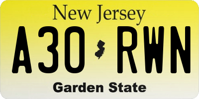 NJ license plate A30RWN