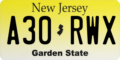 NJ license plate A30RWX