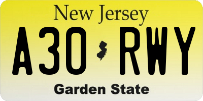 NJ license plate A30RWY