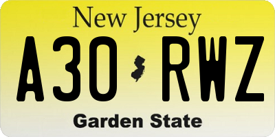 NJ license plate A30RWZ