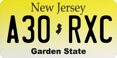 NJ license plate A30RXC