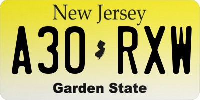 NJ license plate A30RXW