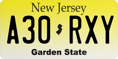 NJ license plate A30RXY