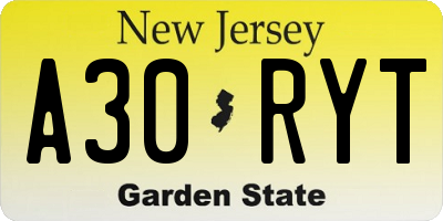 NJ license plate A30RYT