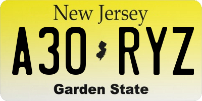 NJ license plate A30RYZ