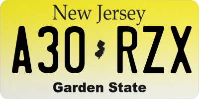 NJ license plate A30RZX