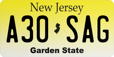 NJ license plate A30SAG