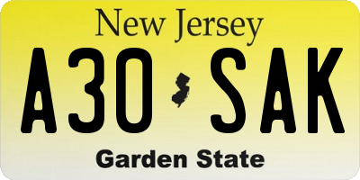 NJ license plate A30SAK