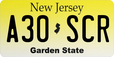 NJ license plate A30SCR