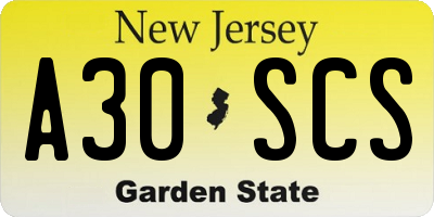 NJ license plate A30SCS