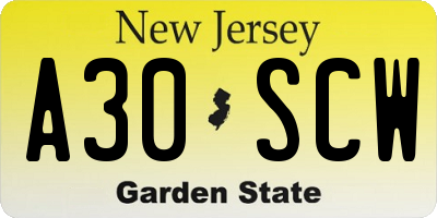 NJ license plate A30SCW