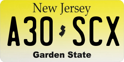 NJ license plate A30SCX