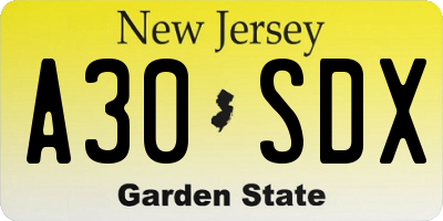 NJ license plate A30SDX
