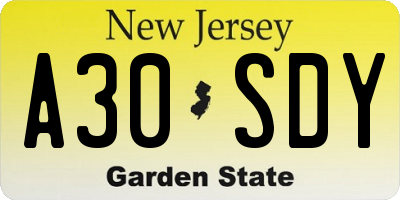 NJ license plate A30SDY
