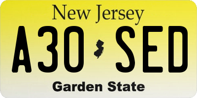 NJ license plate A30SED
