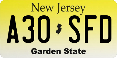 NJ license plate A30SFD