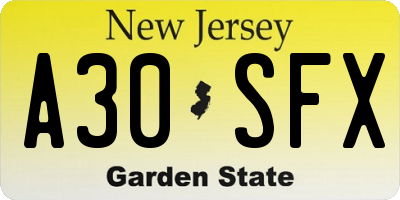 NJ license plate A30SFX