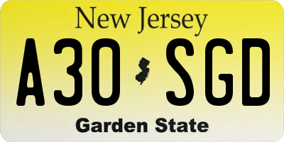 NJ license plate A30SGD