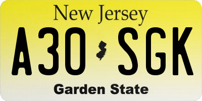 NJ license plate A30SGK