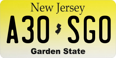NJ license plate A30SGO