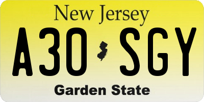 NJ license plate A30SGY