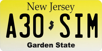 NJ license plate A30SIM