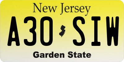 NJ license plate A30SIW