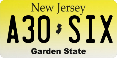 NJ license plate A30SIX