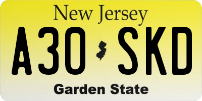 NJ license plate A30SKD