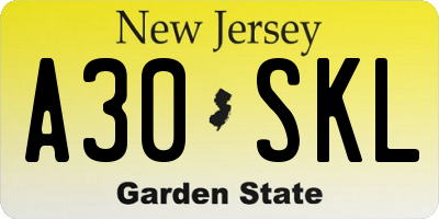 NJ license plate A30SKL