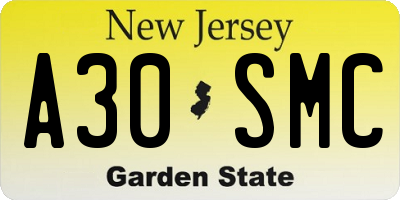 NJ license plate A30SMC
